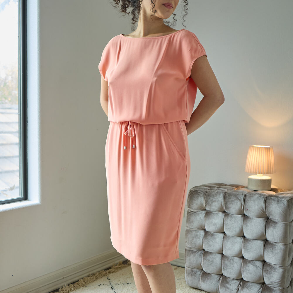 St. John Women's Pink Blouson Drawstring Dress Size 4 Viscose Blend Casual